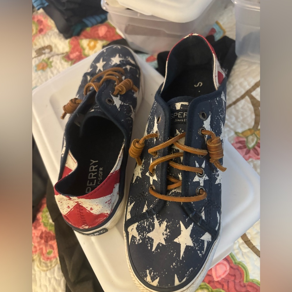 Sperry Navy Star Sneakers with Brown Laces